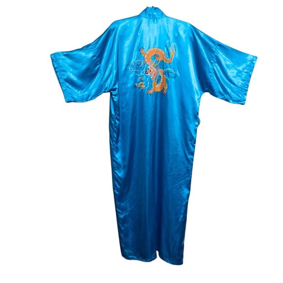 Vintage Blue Satin 5-Claw Dragon Embroidered Kimono Robe Pockets For Men Women - Picture 7 of 13